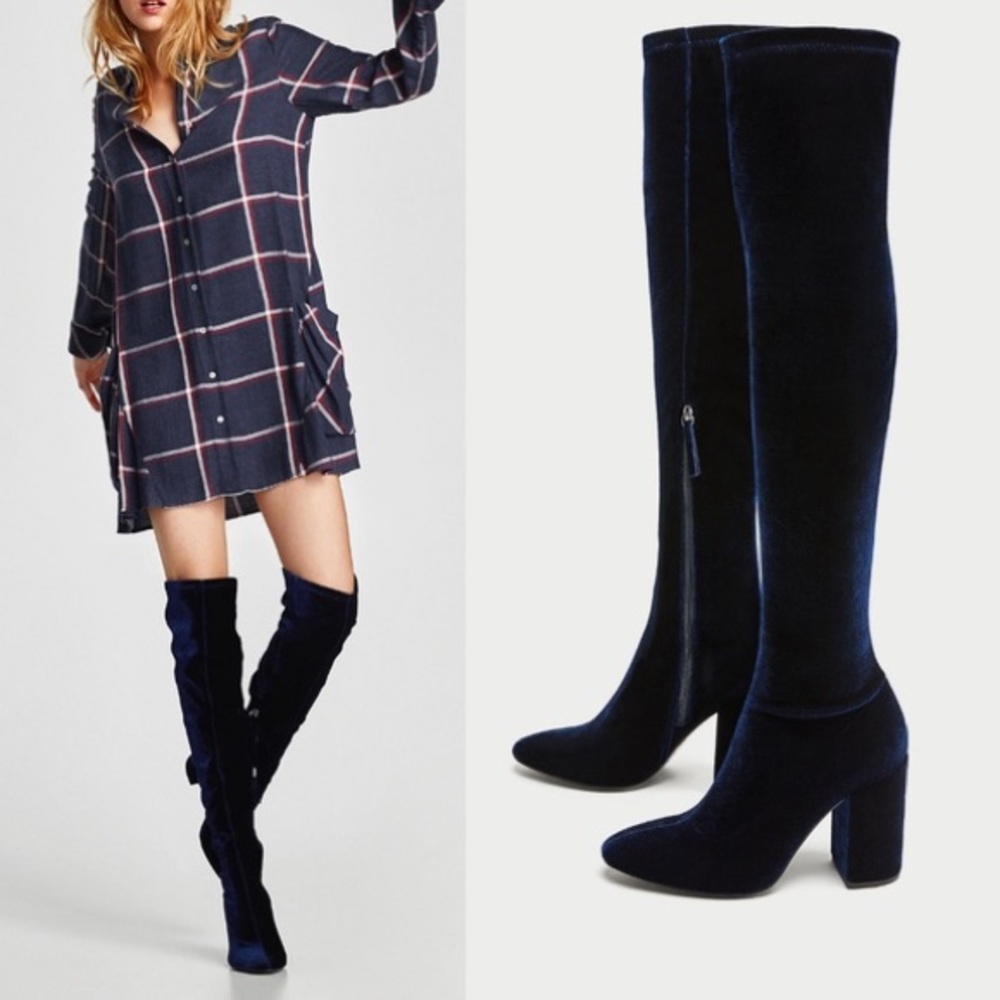 ZARA Velvet Over the Knee Boots in Navy Blue